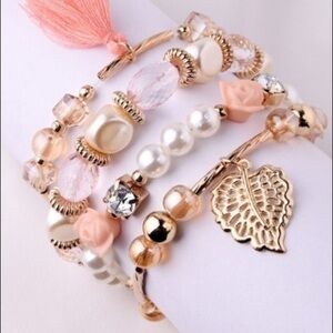 Pretty in Pink Stretch Bracelet Stack Pearl Crystal Charm Set NWT